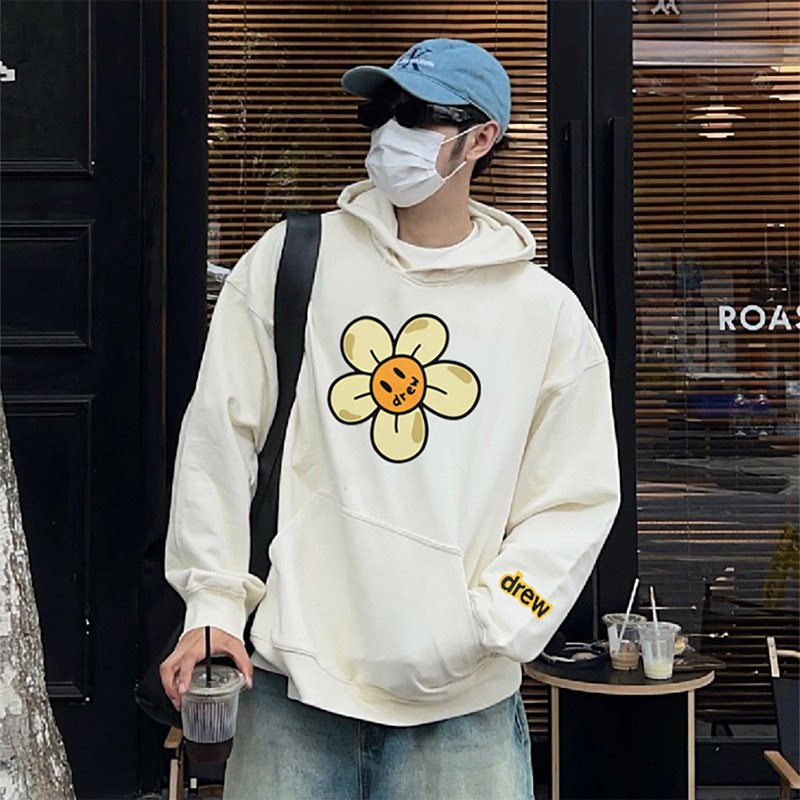 DREW BIEBER笑脸雏菊美式潮牌男女款帽衫宽松秋冬长袖连帽卫衣