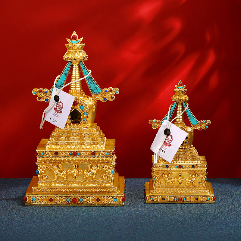 尼泊尔铜鎏金手工菩提塔宝塔可打开装物件噶当塔镶嵌宝石宝塔摆件