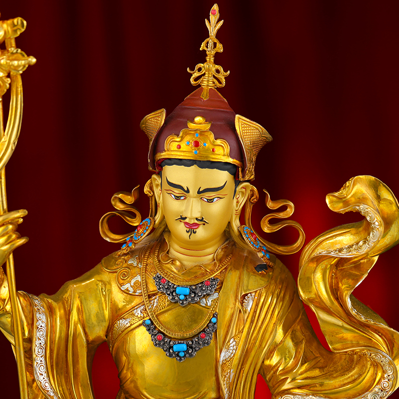 尼泊尔工艺站像莲花生大士莲师铜鎏金手工錾刻莲花大师铜佛像摆件