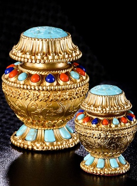 黄铜黄财神宝瓶摆件 小号藏式密宗供佛宝瓶壶 佛堂八吉祥龙王宝瓶