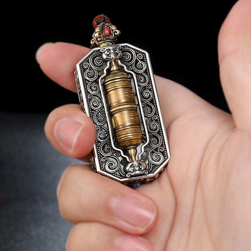 旋转解压治愈手把件黄财神心咒天珠金刚杵吊坠文玩饰品铜减压挂件