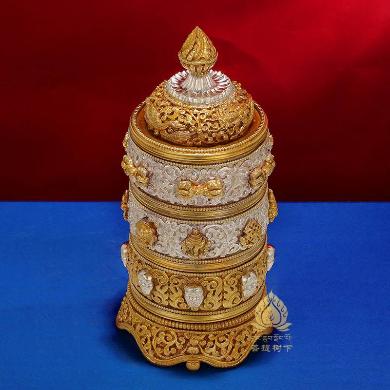 尼泊尔手工s925纯银米盒铜鎏金米罐宝瓶三层米盒居家用供具6.3cm