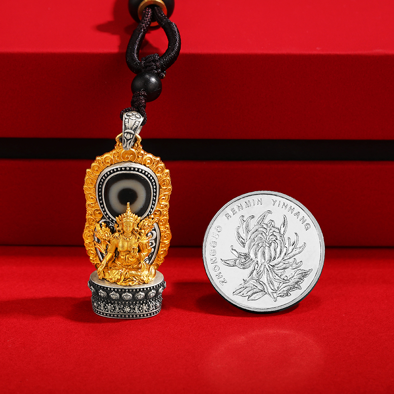 S925纯银镀金天珠白度母吊坠民族风佛像吊坠随身小佛像小吊坠项坠