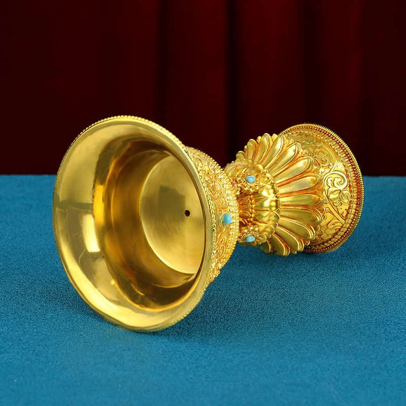 铜鎏金酥油灯灯座藏式供奉长明灯家用供具八吉祥供灯灯盏10.5cm