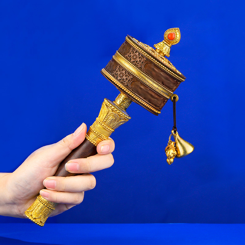 西藏式亚青铜手动转筒用品莲花皮革底座一套随身家用手摇转筒