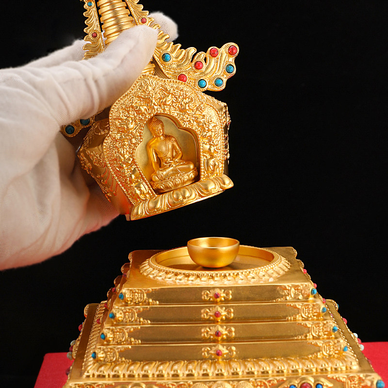 铜镀金释迦牟尼菩提塔精美工艺品镶嵌宝石宝塔供具摆件高21cm