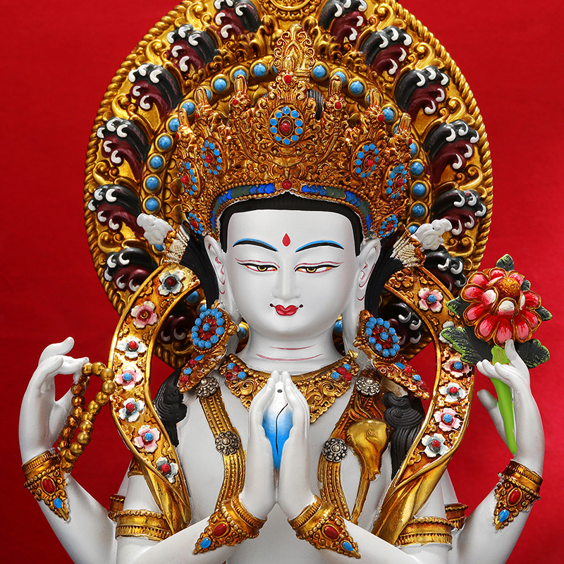 四臂观音菩萨尼泊尔工艺彩绘背光藏式家用铜佛像密宗摆件10寸7寸