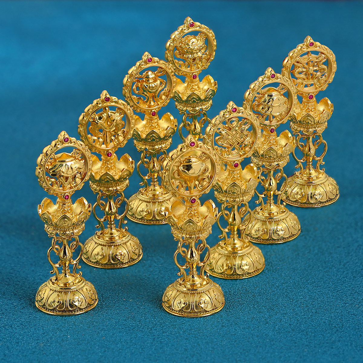 铜镀金八吉祥摆件藏式八供养八供摆件迷你小号吉祥八宝摆件6.4cm