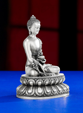 S999纯银药师琉璃光如来家居供奉摆件纯银佛像做旧复古8cm