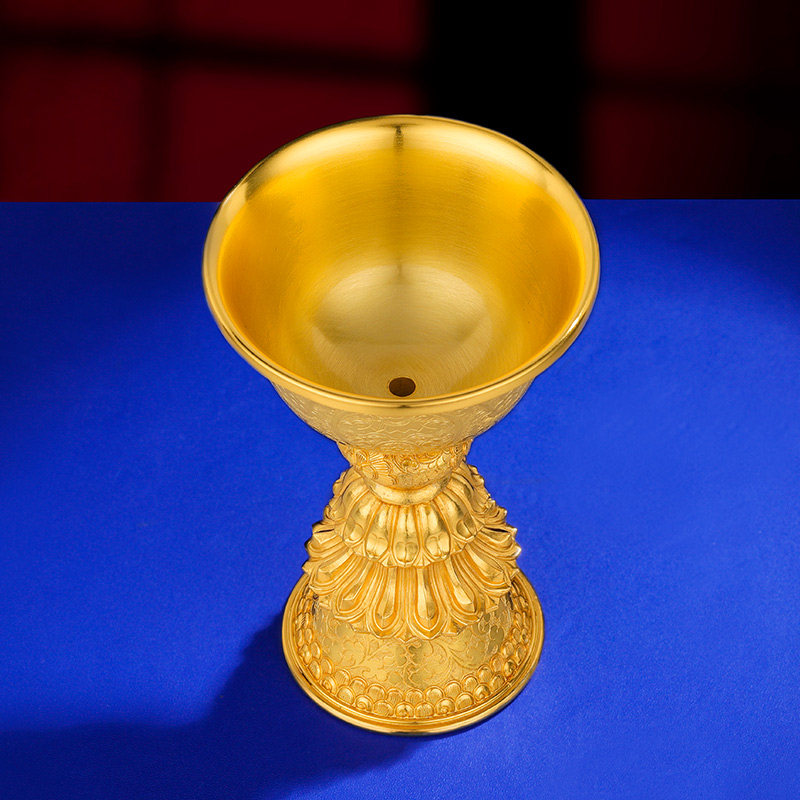 酥油灯座长明灯S990纯银镀金手工家用八吉祥供灯底座随身小号8cm