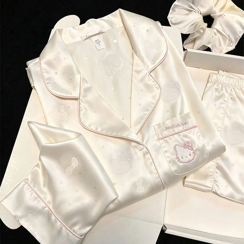 2026新款轻奢波点猫咪真丝睡衣女春秋季长袖家居服夏天短袖三件套