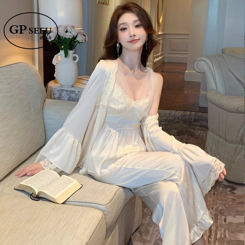 真丝性感睡衣女春秋带胸垫三件套