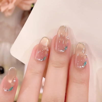 纯手工穿戴甲假指甲猫眼钻石裸色