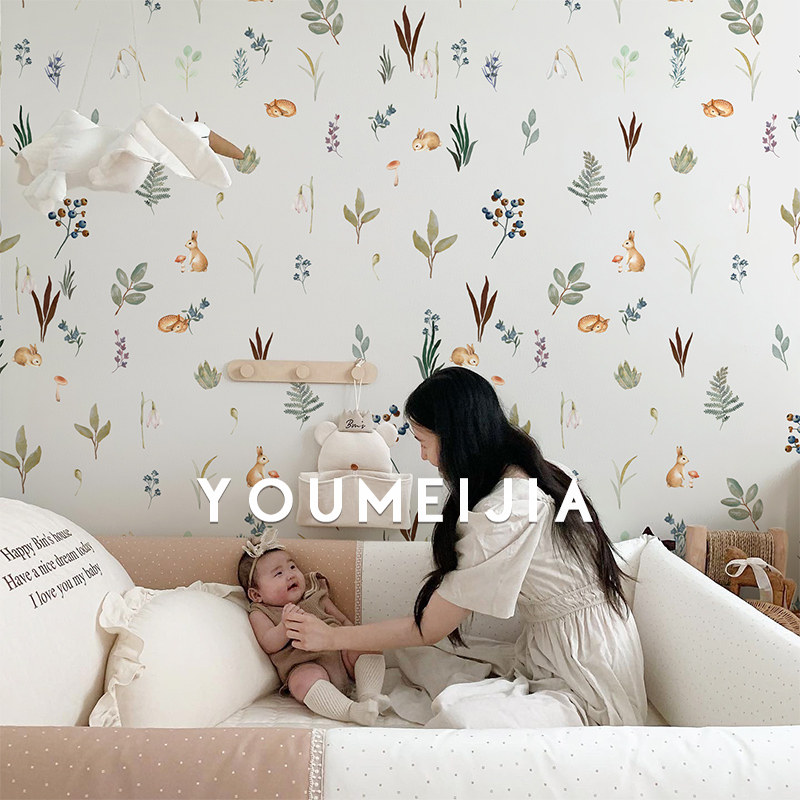 墙纸定制森林儿童房壁纸北欧风格男孩女孩卧室墙布床头背景墙壁画