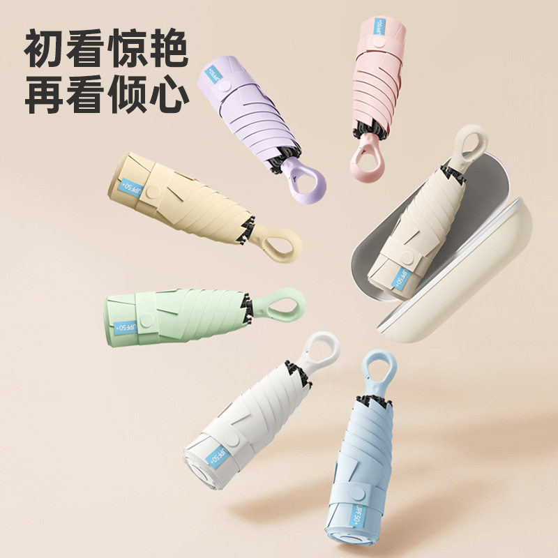 德国精工便携五折伞爱心手柄晴雨两用胶囊伞黑胶防晒防紫外线女太