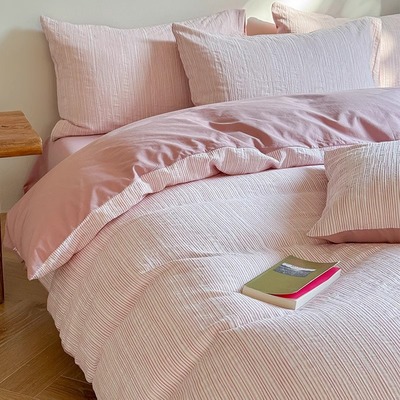 日本无印MUJIE60支色织提花纯棉四件套a类条纹全棉被套南通床上用