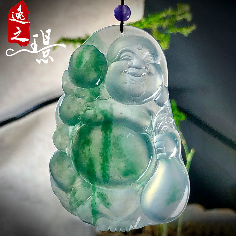 逸之璟缅甸老坑天然a货翡翠玉石雕刻冰种飘绿布袋佛翡翠吊坠女士