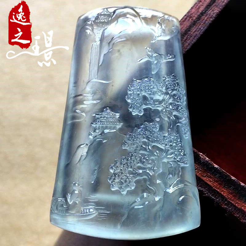 逸之璟 缅甸老坑天然a货翡翠玉石雕刻冰种底色山水牌翡翠吊坠挂件