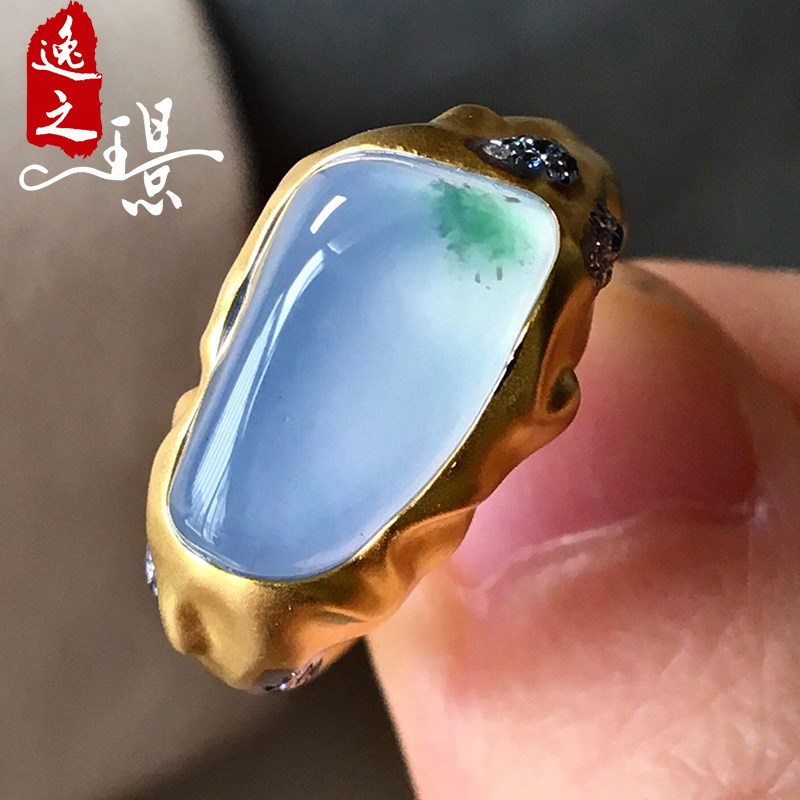 逸之璟天然缅甸老坑a货翡翠冰种飘花玉石随形8k金镶嵌翡翠戒指女