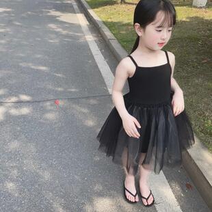女童吊带裙黑色连衣裙儿童公主蓬蓬纱裙小女孩网纱裙宝宝夏装薄款