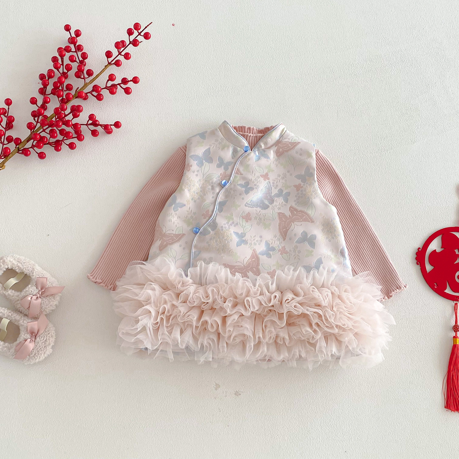 女童复古拜年服冬季宝宝中国风蛋糕裙儿童加厚连衣裙公主裙新年装