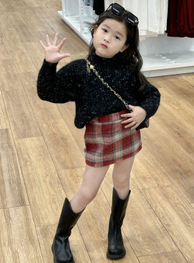 女童洋气格子半身裙秋冬装儿童毛衣毛呢裙套装小童宝宝洋气包臀裙