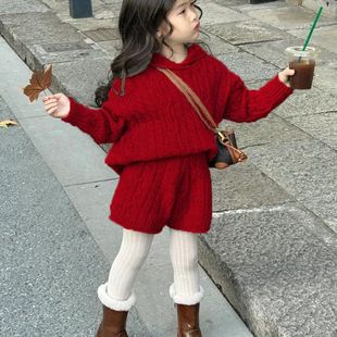 女童针织套装拜年服儿童红色连帽毛衣短裤新年装宝宝洋气两件套