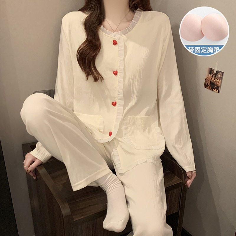 带胸垫睡衣女春秋季薄款云朵棉开衫长袖韩版小香风少女家居服套装