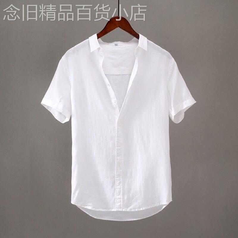 潮牌夏季薄款男士简约短袖亚麻衬衫翻领休闲宽松柔软棉麻白色衬衣
