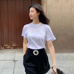 网红2025夏季 上衣 新款 简约风立体字母刺绣圆领白色T恤女宽松短袖