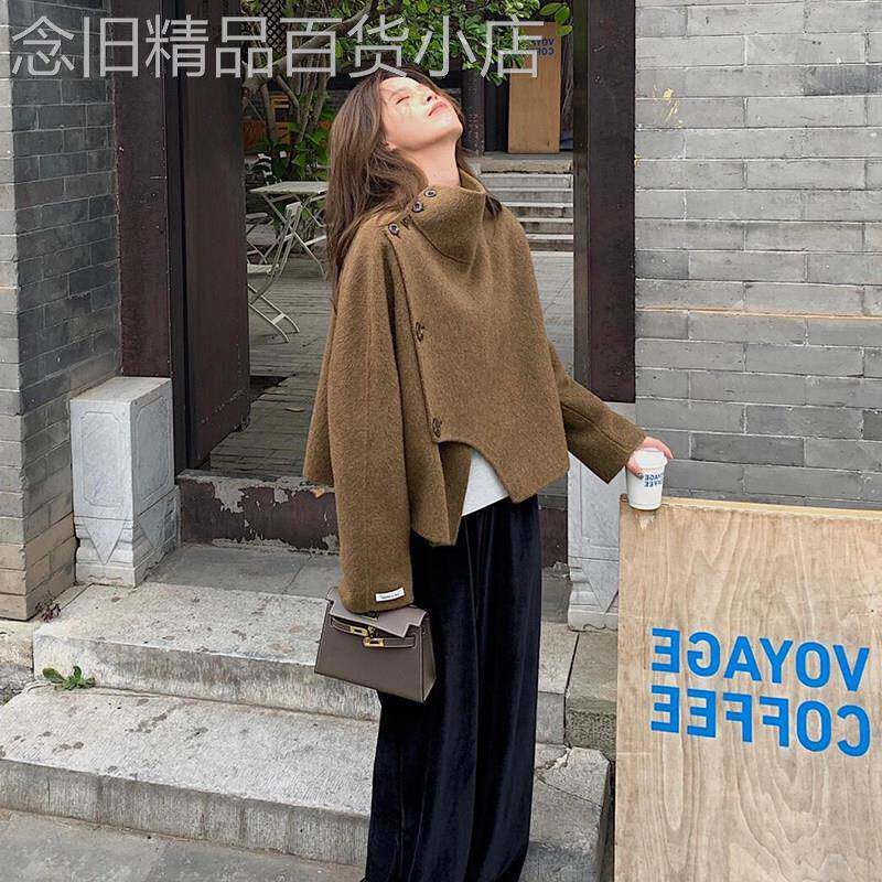 千金小香风美拉德棕色双面羊毛立领大衣女秋小个子短款毛呢外套冬