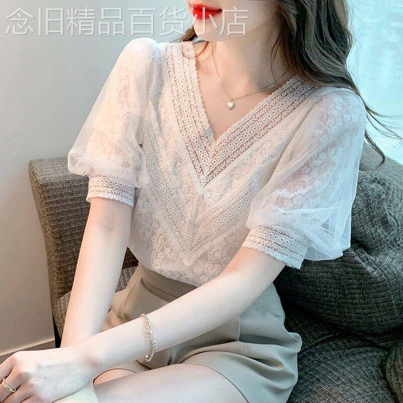 蕾丝衫女短袖夏季2025新款韩版宽松洋气镂空白色半袖气质雪纺上衣