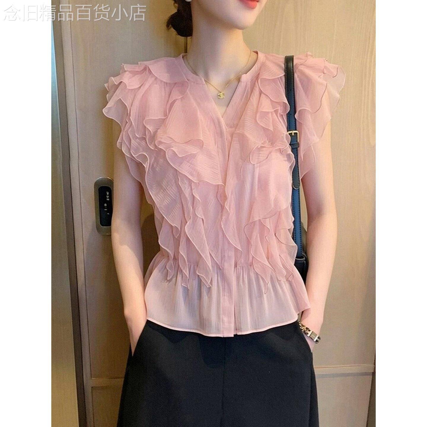 甜美荷叶边设计感无袖衬衫女精致百搭小衫夏韩版显瘦气质背心上衣