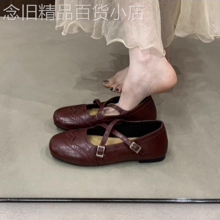 英国真皮红色平底玛丽珍单鞋女2026夏季新款配裙子芭蕾风小皮鞋子