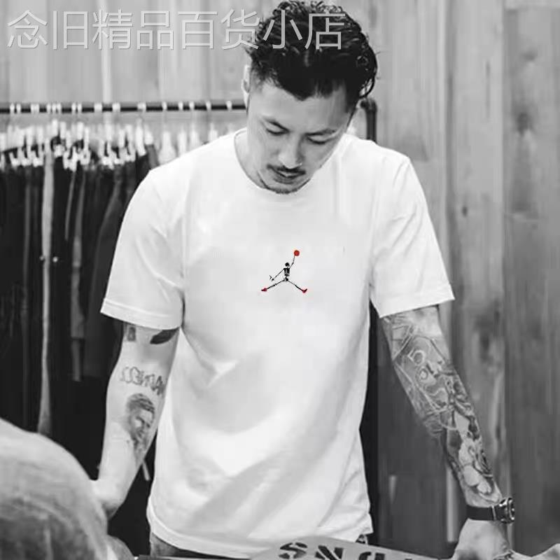 港风余文乐短袖t恤男ins潮牌白色纯棉圆领大码印花体恤情侣装上衣