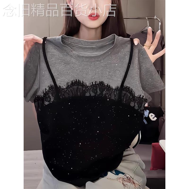拼接蕾丝吊带圆领短袖T恤女夏季2025欧货新款时尚洋气假两件上衣