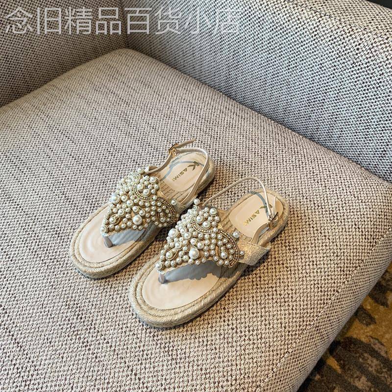 ZaSaFran~轻奢潮流休闲平底凉鞋女水钻珍珠编织罗马风夹趾沙滩鞋
