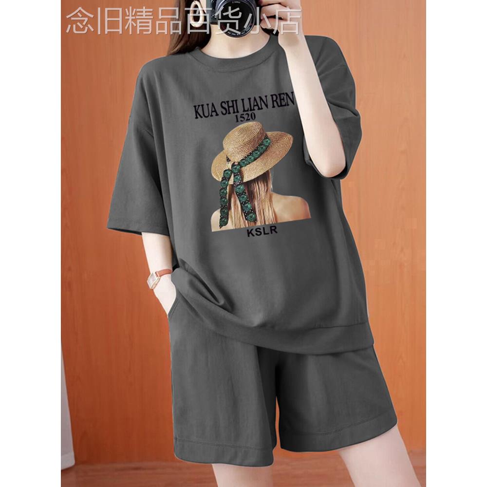 运动套装女纯棉夏季2025新款宽松大码时尚短袖短裤休闲百搭两件套