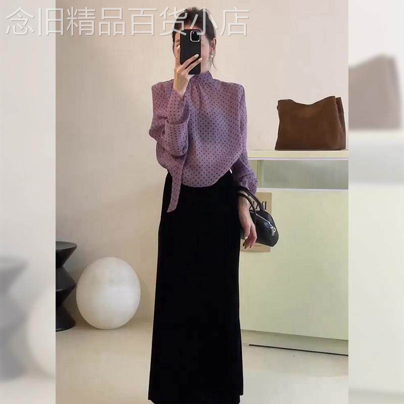 大码波点衬衫女甜美衬衣法式灯笼长袖设计感宽松上衣紫色时尚洋气
