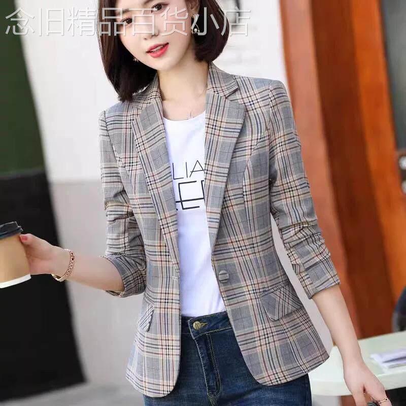 格子西装外套女春秋2026新款长袖修身短款西服显瘦休闲小个子上衣