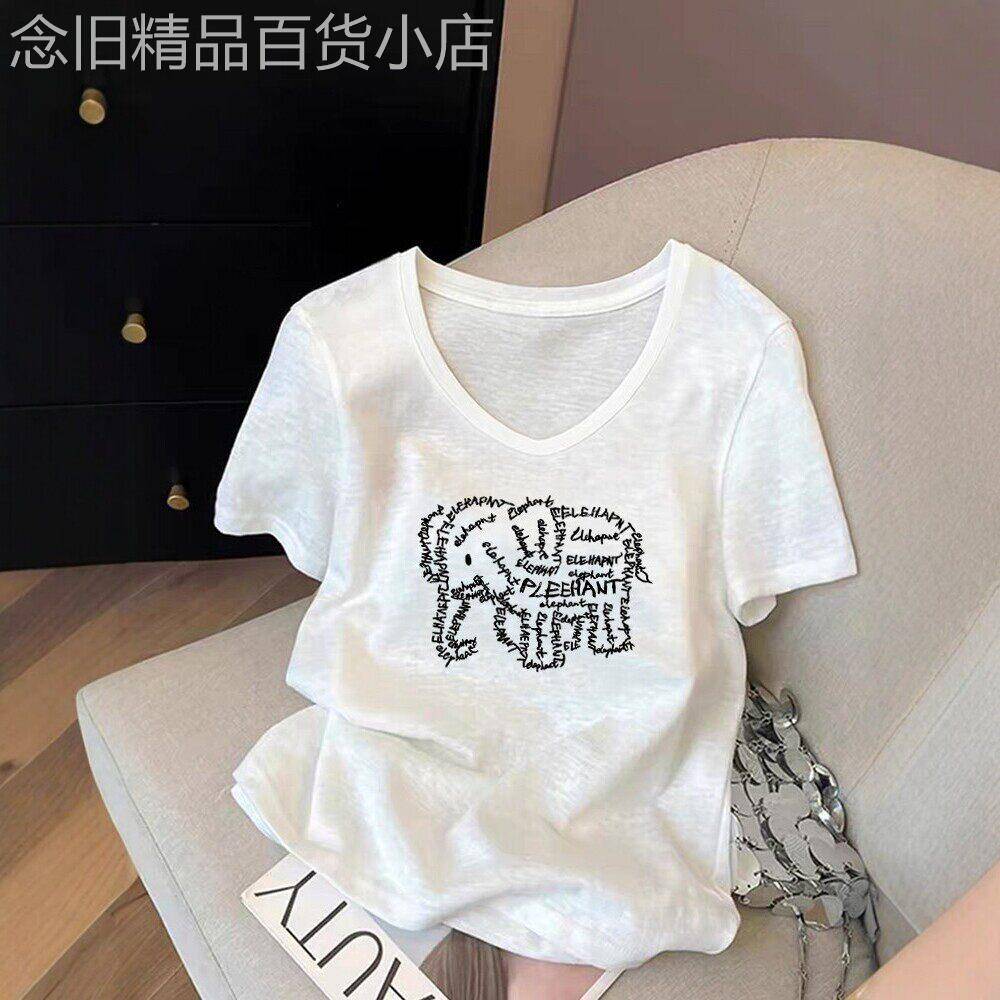 专柜白色竹节棉短袖t恤女夏季新款设计感韩版宽松轻薄V领透气上衣