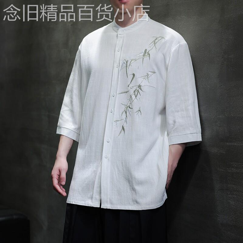 新中式亚麻短袖衬衫男士夏季潮牌宽松大码中国风刺绣棉麻盘扣衬衣