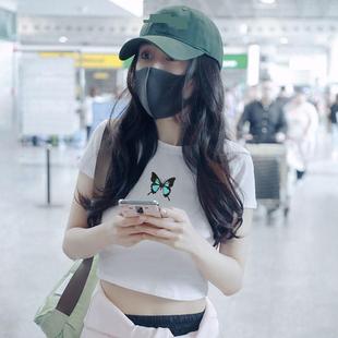 纯棉高腰露脐上衣 潮牌明星同款 短款 t恤女装 2024年夏网红蝴蝶短袖