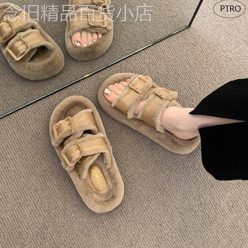 皮带扣毛毛拖鞋女外穿春秋季2025新款网红厚底一字拖居家毛绒棉拖