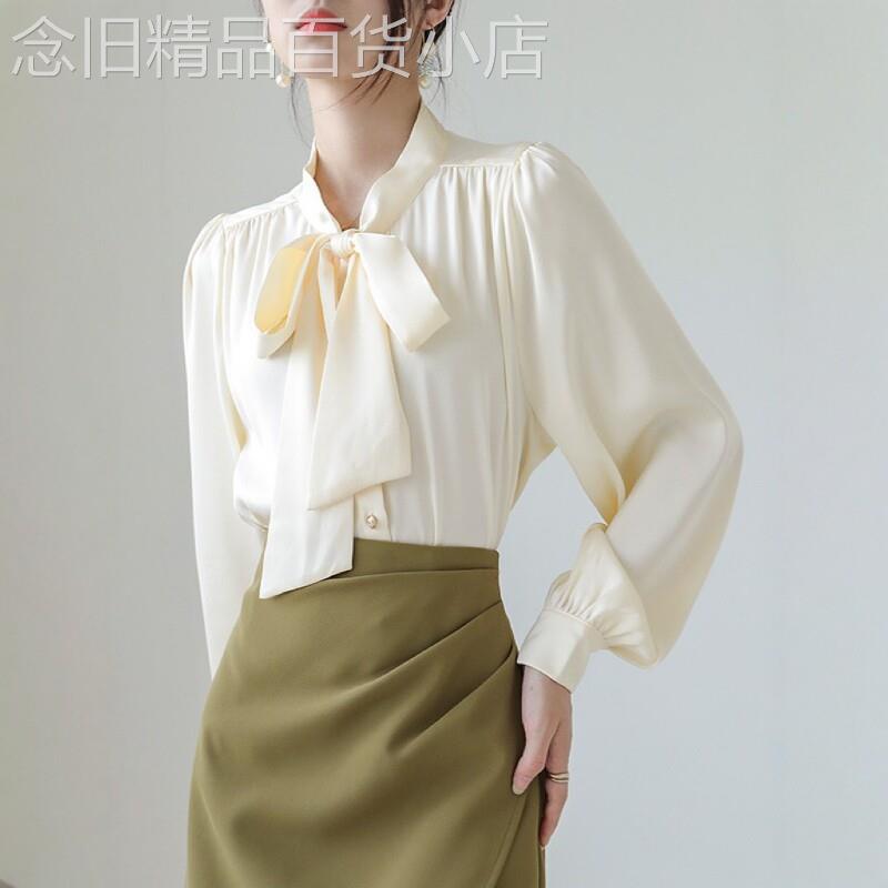 新中式长袖衬衫女早秋2025新款时尚简约蝴蝶结宽松显瘦圆领上衣女