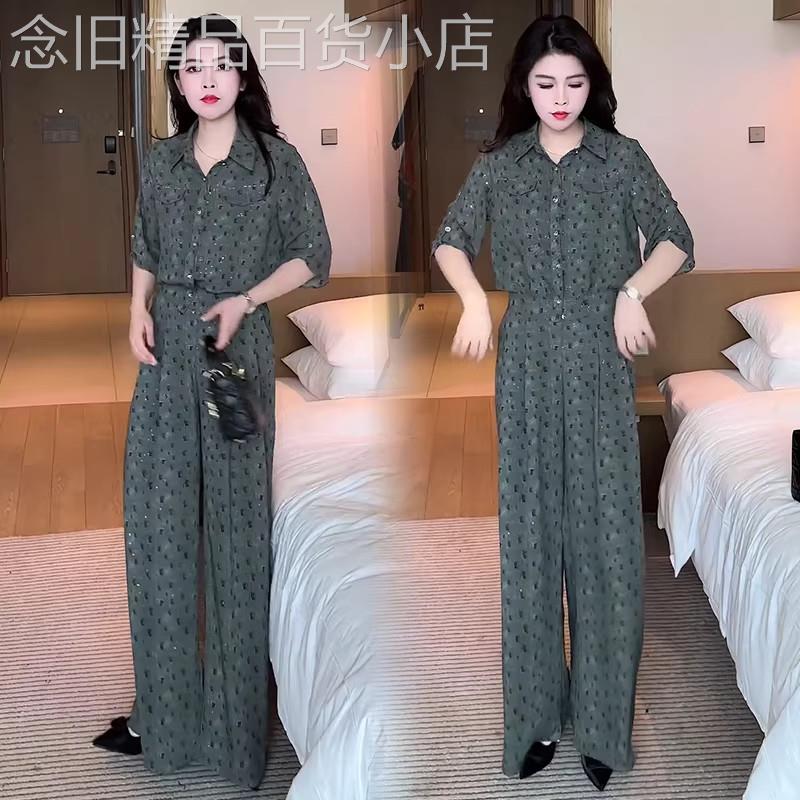 香港代购时尚套装女春夏新款显瘦印花衬衫上衣阔腿裤气质两件套潮