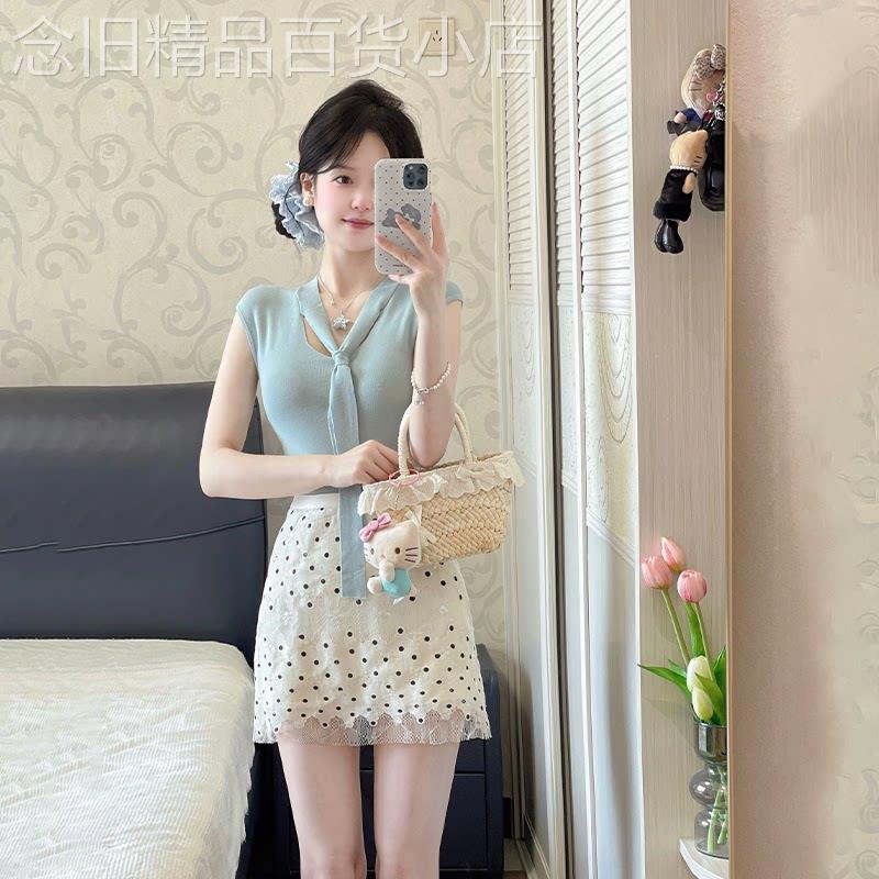 英国DHWA冰丝短袖上衣服女款夏季波点蕾丝半身裙两件套装