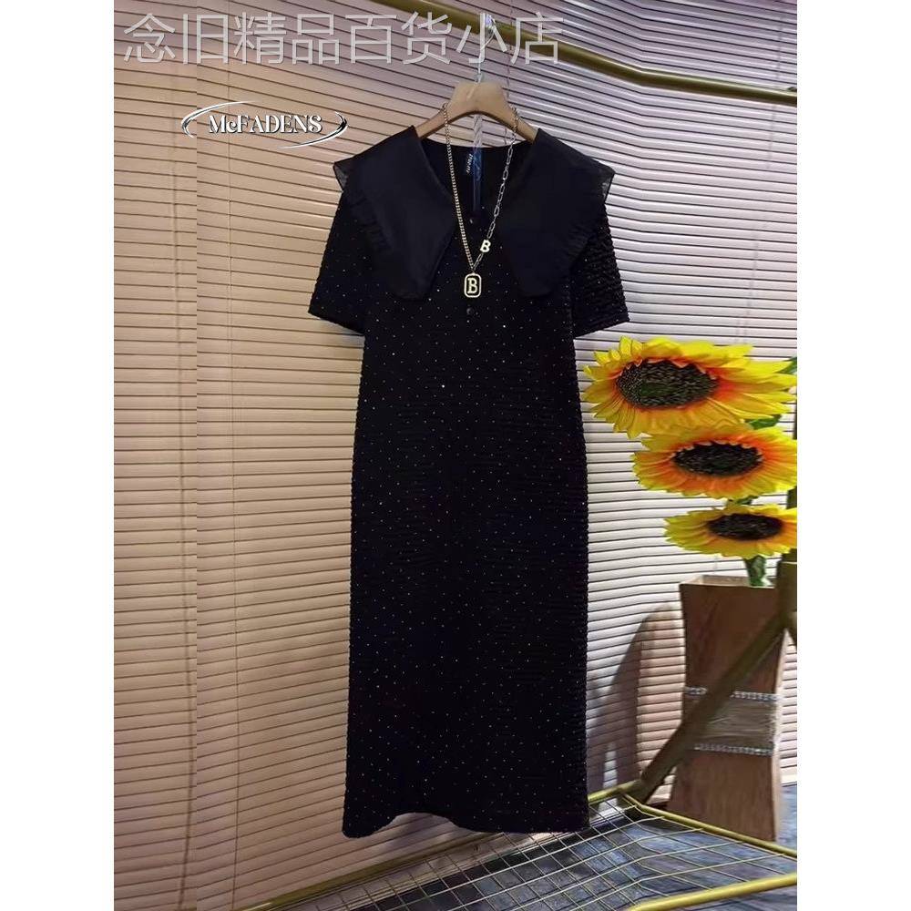 香港胖MM娃娃领短袖满天星连衣裙大码女装黑色显瘦洋气长款休闲裙