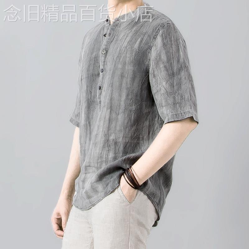 香港皱褶亚麻五分五分袖衬衫男士夏季宽松立领套头透气棉麻休闲衬