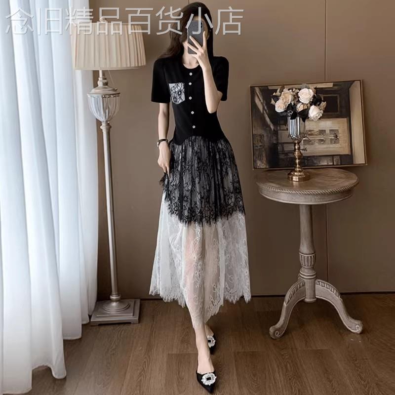 欧洲站黑色法式连衣裙女2026新款夏季气质拼接蕾丝网纱假两件裙子